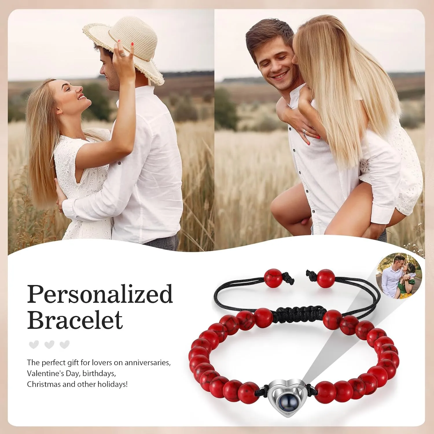 Custom Photo Bracelets with Picture inside Personalized Adjustable Beads Bracelets with Photo Projection Bracelet for Women Men Customized Gifts for Boyfriend Girlfriend