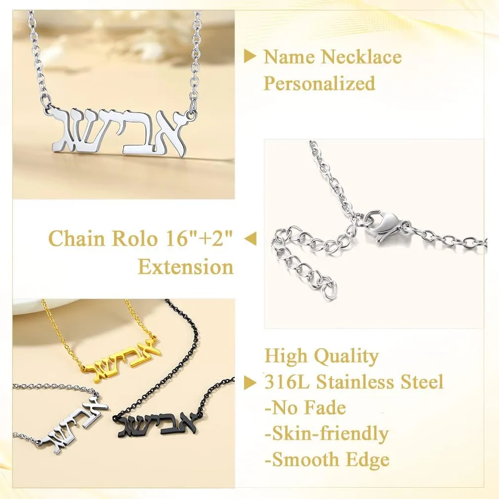 Custom4U Hebrew Name Necklace Personalized,Custom Jewish Name Stainless Steel/925 Sterling Silver, Engraving Israel Jewelry Gift for Women (Gift Box)