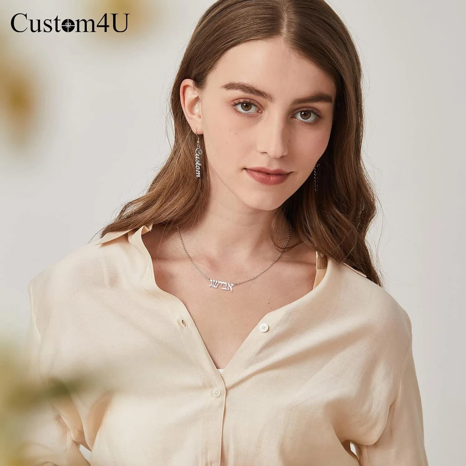 Custom4U Hebrew Name Necklace Personalized,Custom Jewish Name Stainless Steel/925 Sterling Silver, Engraving Israel Jewelry Gift for Women (Gift Box)