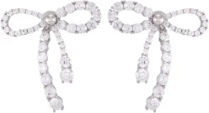 Cute Bow Movable Ribbon Earrings with Crystal Cubic Zircon CZ Stones 925 Sterling Silver Post Hypoallergenic White Gold Imitation Rodium Silver