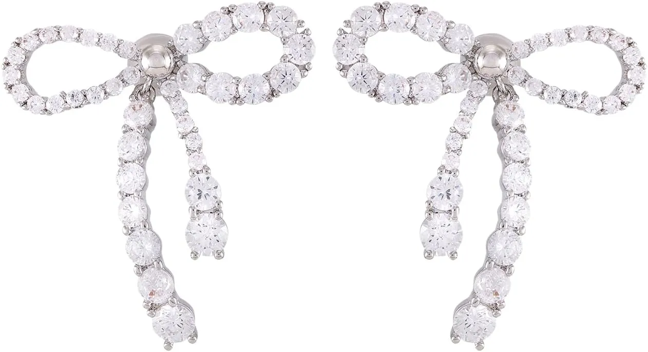 Cute Bow Movable Ribbon Earrings with Crystal Cubic Zircon CZ Stones 925 Sterling Silver Post Hypoallergenic White Gold Imitation Rodium Silver
