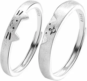 Cute Cat Dog Matching Ring for Him and Her Puppy Pet Kitten Animal Sterling Silver 999 Rings Wedding Open Couples Eternity Promise Bands Sets Jewelry