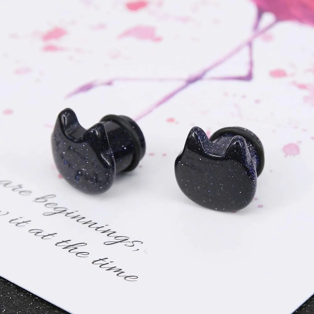 Cute Cat Natural Organic Stone Ear Plug Single Flare Ear Tunnel Gauge Stretcher Ear Expander Piercing 2g-5/8