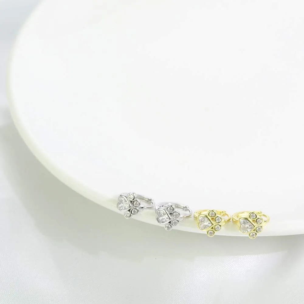 Cute CZ Cat Dog Paw Print Cartilage Small Cuff Huggie Hoop Earrings for Women Girls Sterling Silver Chic Dainty Animal Pet Lovers Sleeper Little Hoops Delicate Hypoallergenic Gifts Daughter 8mm