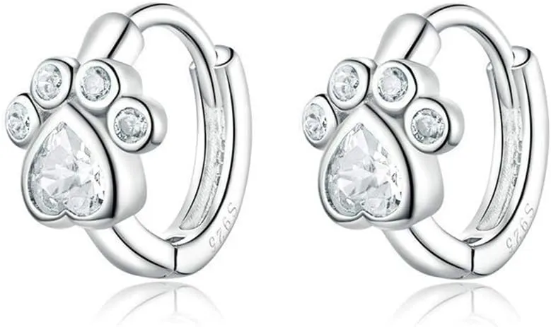 Cute CZ Cat Dog Paw Print Cartilage Small Cuff Huggie Hoop Earrings for Women Girls Sterling Silver Chic Dainty Animal Pet Lovers Sleeper Little Hoops Delicate Hypoallergenic Gifts Daughter 8mm