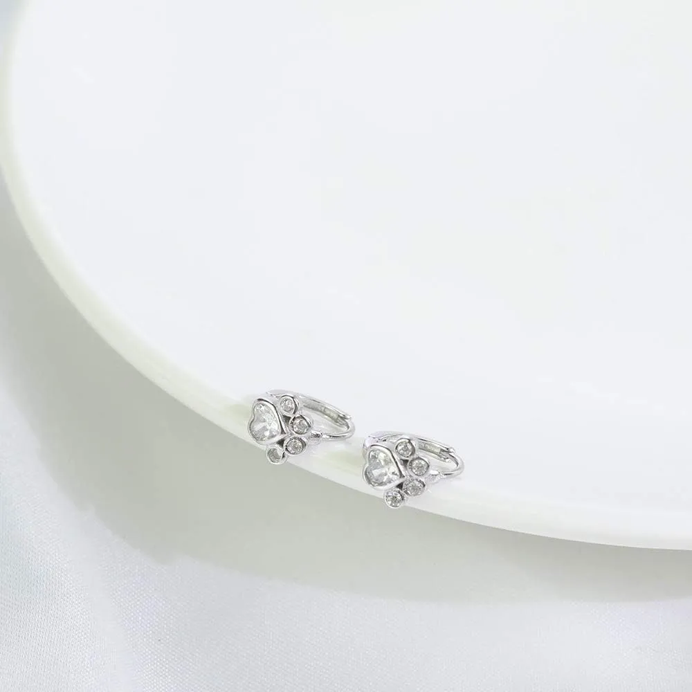 Cute CZ Cat Dog Paw Print Cartilage Small Cuff Huggie Hoop Earrings for Women Girls Sterling Silver Chic Dainty Animal Pet Lovers Sleeper Little Hoops Delicate Hypoallergenic Gifts Daughter 8mm