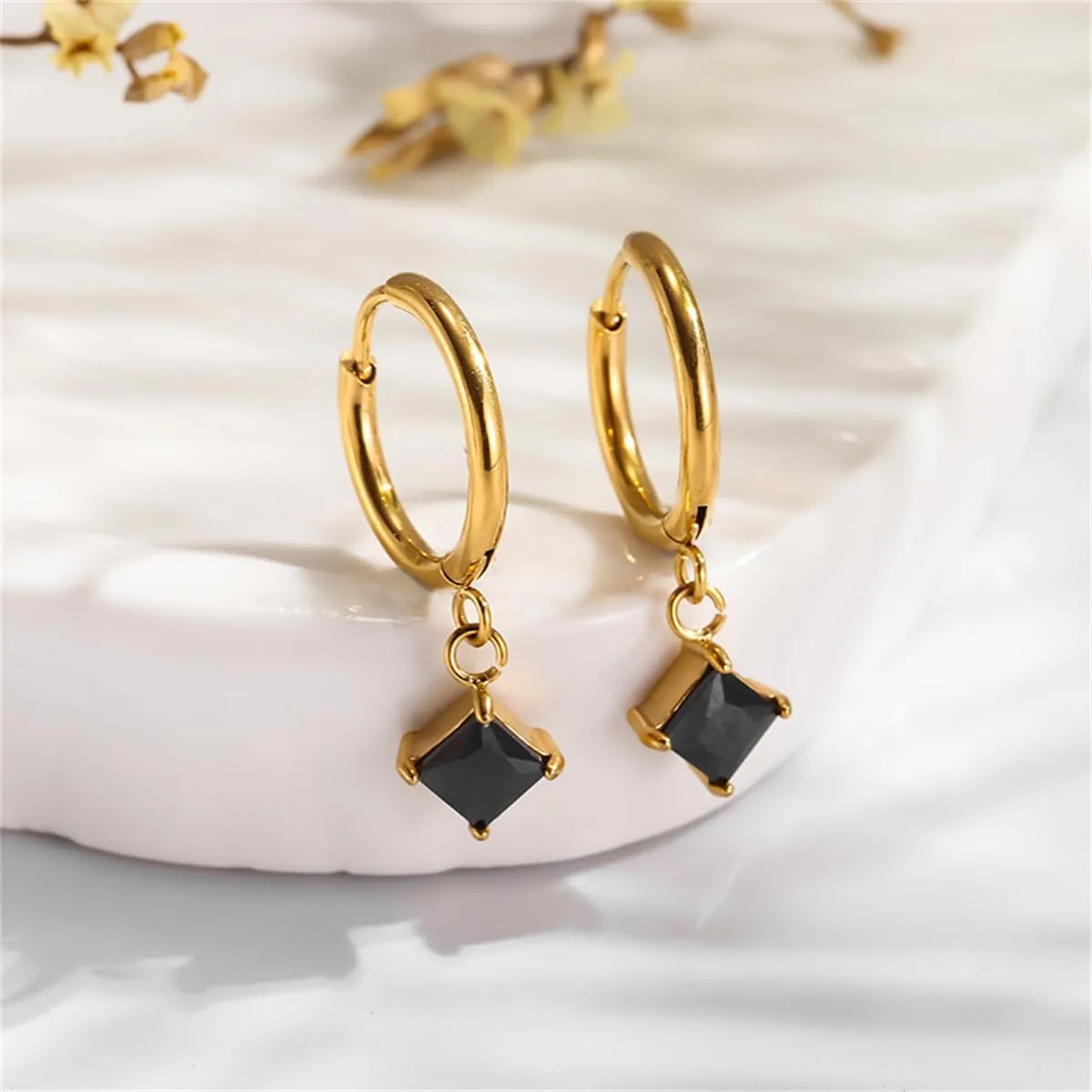 Cute CZ Square Dangle Hoop Earrings for Women Gold Plated Titanium steel Small Geometric Dangling Hoops Colorful Rhinestone Drop Earring Chic Jewelry