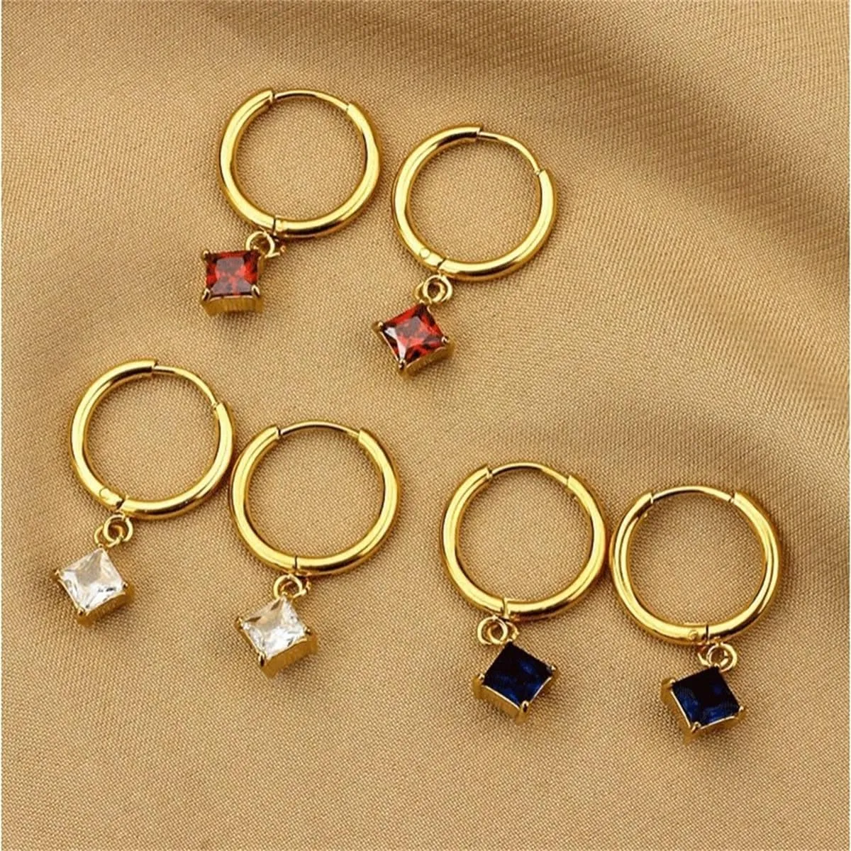 Cute CZ Square Dangle Hoop Earrings for Women Gold Plated Titanium steel Small Geometric Dangling Hoops Colorful Rhinestone Drop Earring Chic Jewelry
