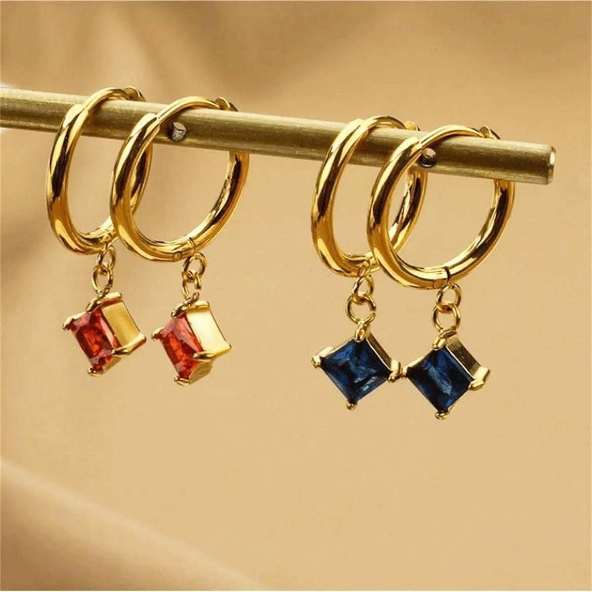 Cute CZ Square Dangle Hoop Earrings for Women Gold Plated Titanium steel Small Geometric Dangling Hoops Colorful Rhinestone Drop Earring Chic Jewelry