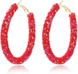 Cute Glitter Sequin Hoop Earrings Gold Plated Round Delicate Rhinestone Pendant Earrings Bling Bling Personality Earrings Boho Chic Jewelry