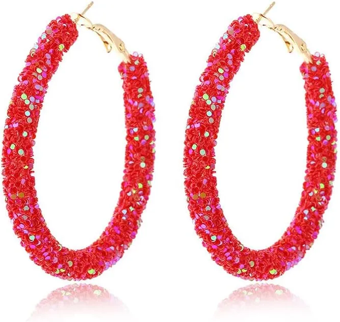 Cute Glitter Sequin Hoop Earrings Gold Plated Round Delicate Rhinestone Pendant Earrings Bling Bling Personality Earrings Boho Chic Jewelry