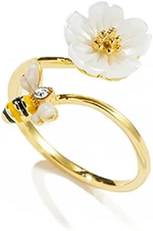 Cute Honey Bee CZ Daisy Flower Adjustable Statement Open Wrap Band Finger Rings Women Dainty Fashion 925 Sterling Silver 14K Gold Plated Animal Engagement Shell Pearl Tail Ring Delicate Jewelry Gifts Her Daughter Bff Birthday