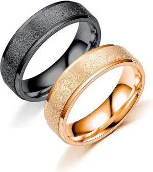 Cute Matching Rings, Metal Couple Rings Stainless Steel Matte Band Stepped Edges Rose Gold & Black Rings Valentine's Jewelry Size 6-12