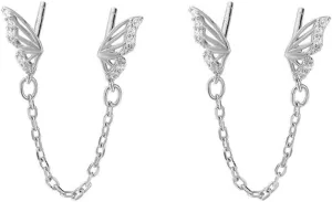 Cute Tiny Butterfly CZ Double Piercing Huggie Small Stud With Short Chain 925 Sterling Silver Cuff Wrap Earrings for Women Cartilage Two Holes Animal Dangle Drop Hypoallergenic