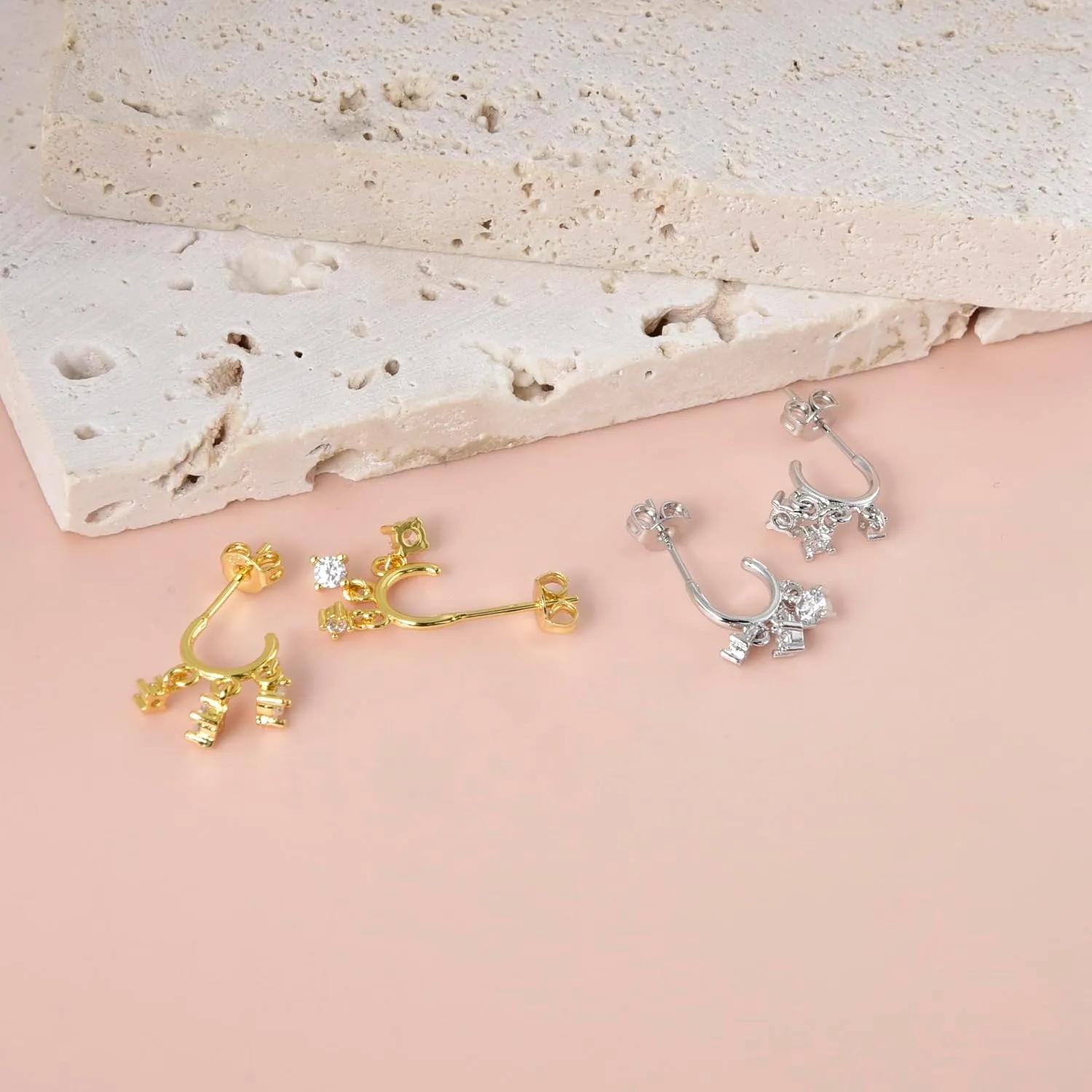 CZ Stud Dangle Earrings Silver Gold Plated Earrings with Pendant Star Moon Cross Triple Cz Teardrop Cloud Lightning Drop Elegant Jewelry
