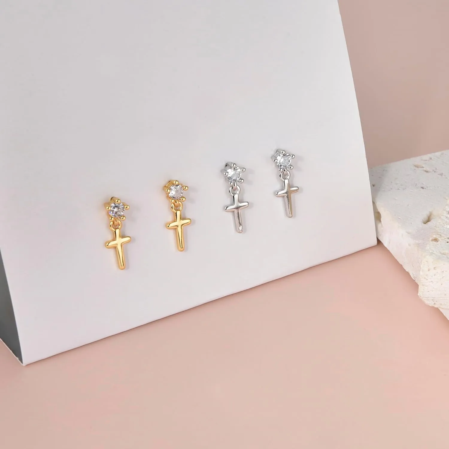 CZ Stud Dangle Earrings Silver Gold Plated Earrings with Pendant Star Moon Cross Triple Cz Teardrop Cloud Lightning Drop Elegant Jewelry