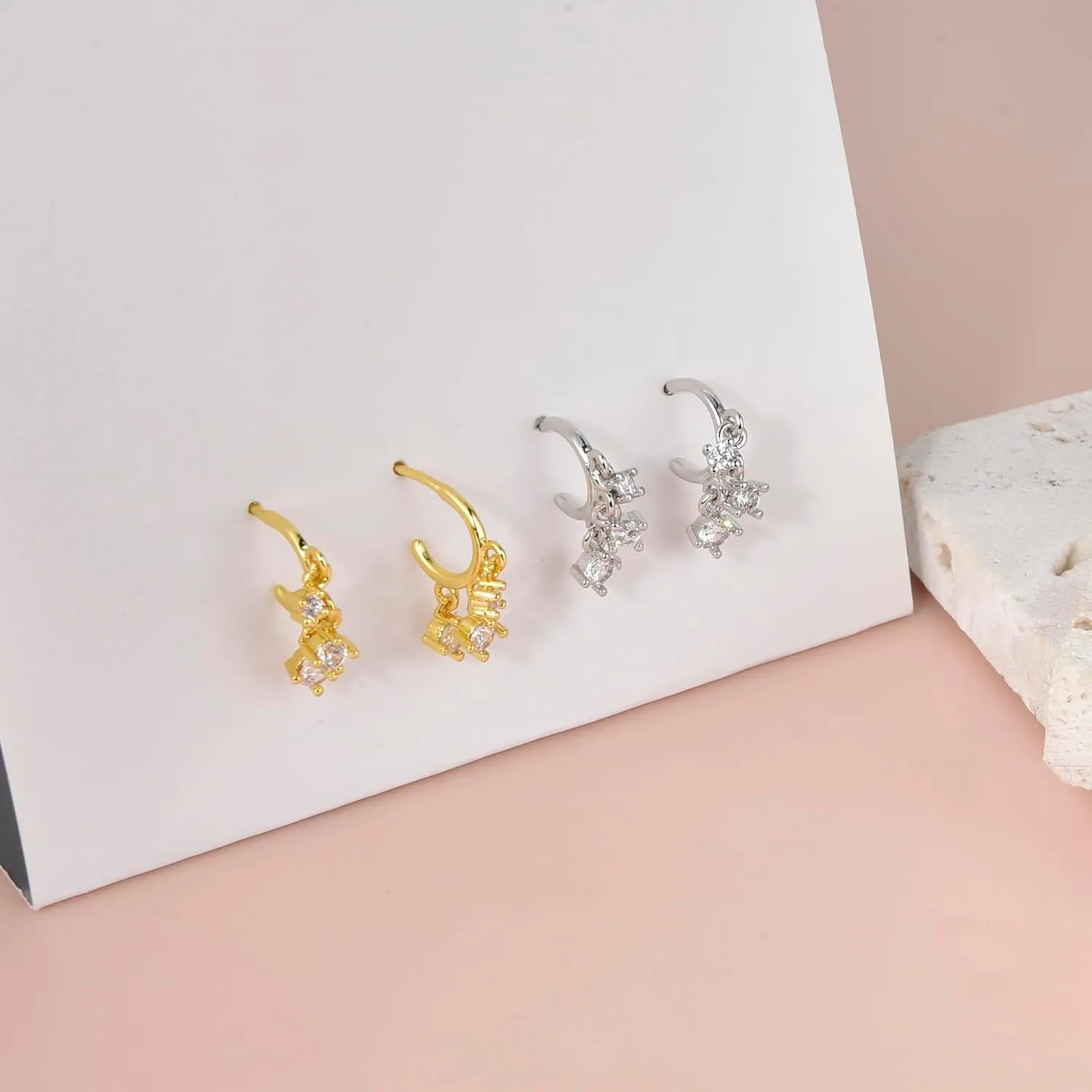 CZ Stud Dangle Earrings Silver Gold Plated Earrings with Pendant Star Moon Cross Triple Cz Teardrop Cloud Lightning Drop Elegant Jewelry
