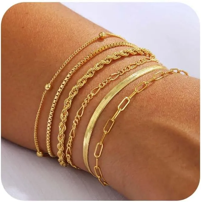 Dainty 14K Gold Bracelets for Women - Waterproof Stackable Gold Bracelet Set - Perfect for Stylish Women