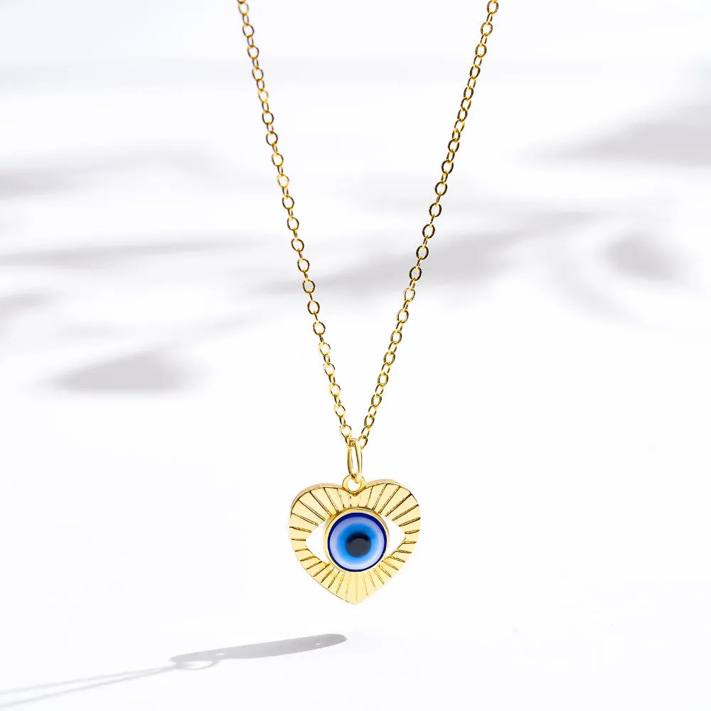 Dainty 14K Gold Layered Evil Eye Religious Necklace- Heart Shaped Blue Eyes Satellite