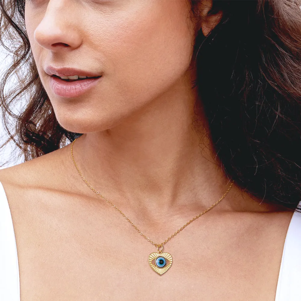 Dainty 14K Gold Layered Evil Eye Religious Necklace- Heart Shaped Blue Eyes Satellite