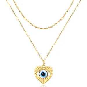 Dainty 14K Gold Layered Evil Eye Religious Necklace- Heart Shaped Blue Eyes Satellite