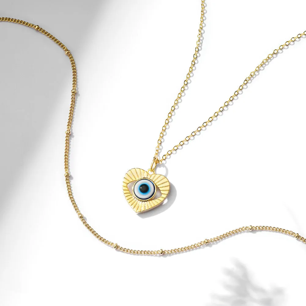 Dainty 14K Gold Layered Evil Eye Religious Necklace- Heart Shaped Blue Eyes Satellite