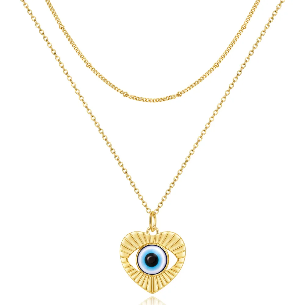 Dainty 14K Gold Layered Evil Eye Religious Necklace- Heart Shaped Blue Eyes Satellite