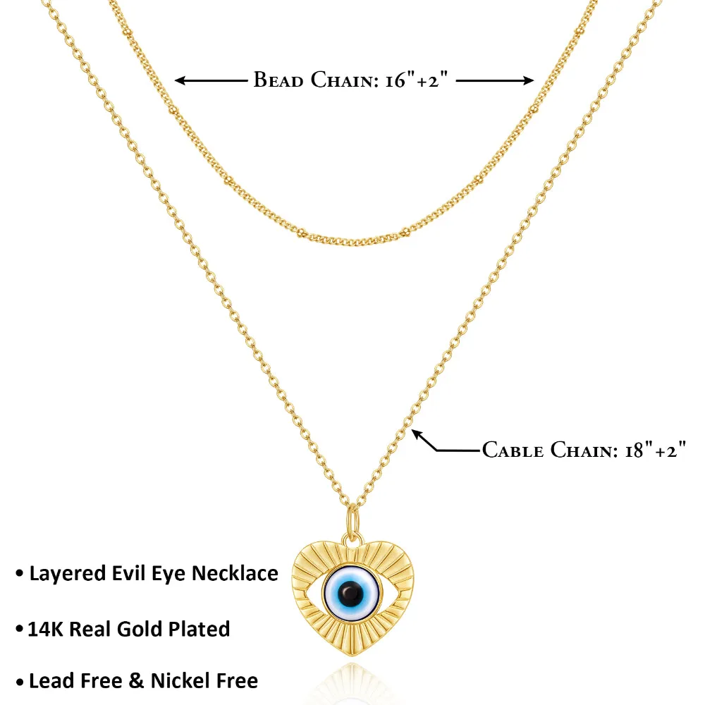 Dainty 14K Gold Layered Evil Eye Religious Necklace- Heart Shaped Blue Eyes Satellite