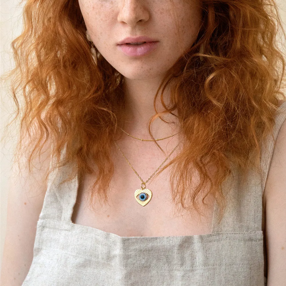 Dainty 14K Gold Layered Evil Eye Religious Necklace- Heart Shaped Blue Eyes Satellite
