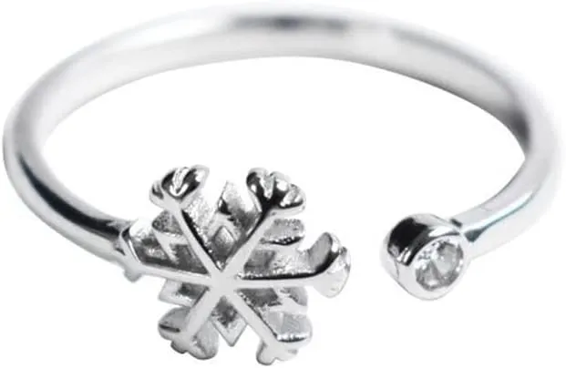 Dainty CZ Snowflake Open Statement Rings Sterling Silver 925 Adjustable Crystal Cubic Zirconia Winter Flower Tail Finger Band Promise Engagement Ring Eternity Bands Delicate Jewelry Gifts for Women