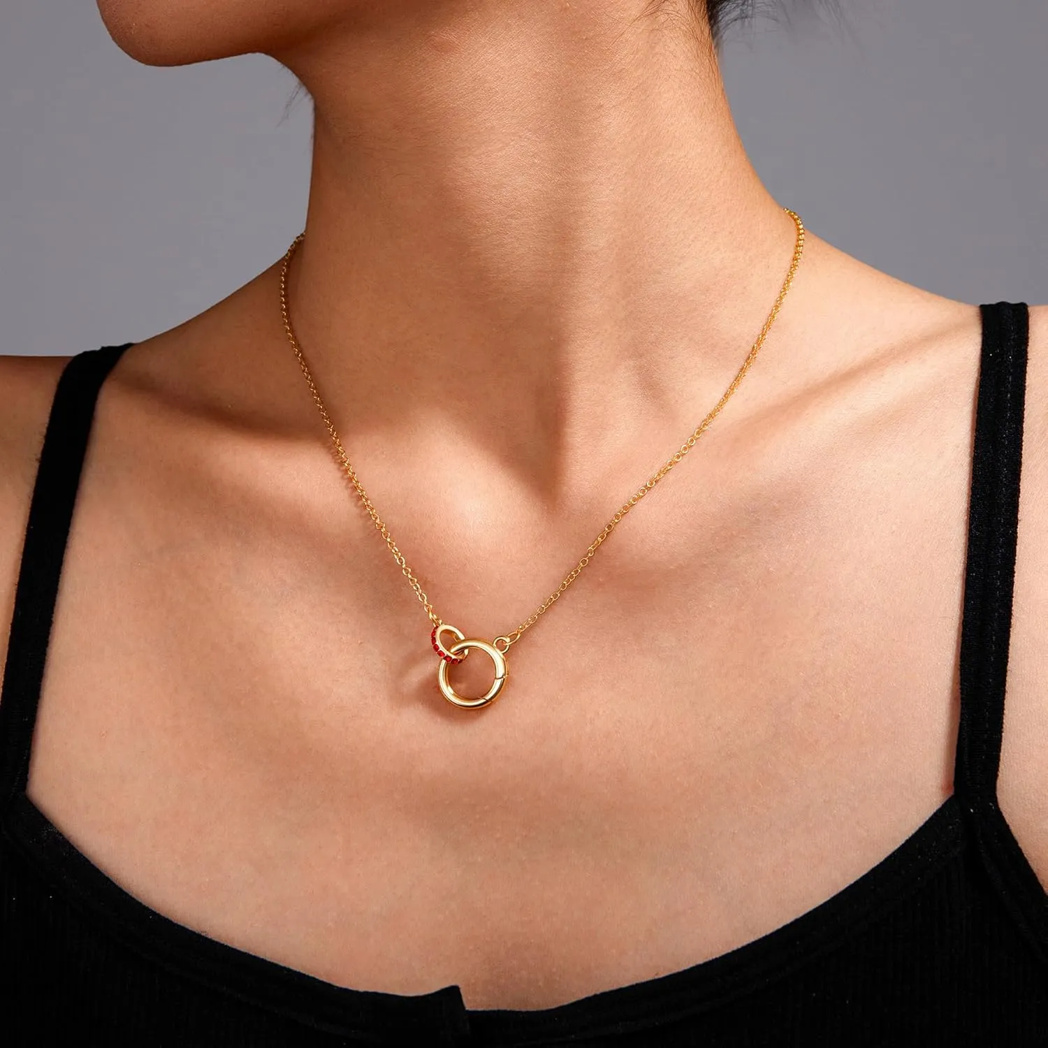 Dainty Gold Birthstone Interlocking Circle Pendant Necklaces for Women Trendy Non Tarnish 18K Gold Plated Simple Ring Charm Holder Necklace Jewelry Birthday Gifts