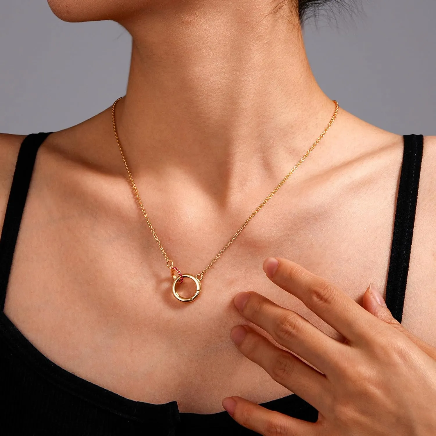 Dainty Gold Birthstone Interlocking Circle Pendant Necklaces for Women Trendy Non Tarnish 18K Gold Plated Simple Ring Charm Holder Necklace Jewelry Birthday Gifts