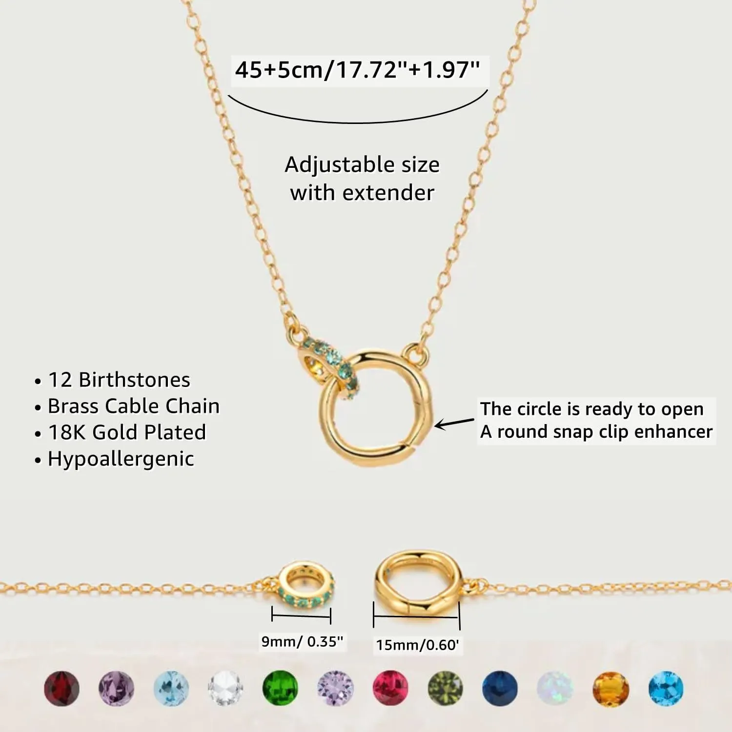 Dainty Gold Birthstone Interlocking Circle Pendant Necklaces for Women Trendy Non Tarnish 18K Gold Plated Simple Ring Charm Holder Necklace Jewelry Birthday Gifts