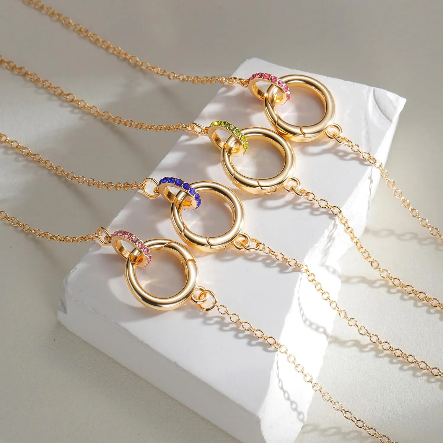 Dainty Gold Birthstone Interlocking Circle Pendant Necklaces for Women Trendy Non Tarnish 18K Gold Plated Simple Ring Charm Holder Necklace Jewelry Birthday Gifts