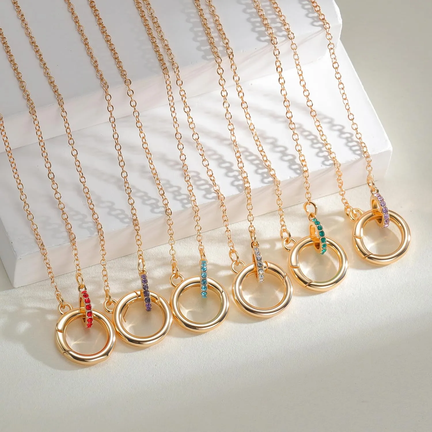 Dainty Gold Birthstone Interlocking Circle Pendant Necklaces for Women Trendy Non Tarnish 18K Gold Plated Simple Ring Charm Holder Necklace Jewelry Birthday Gifts