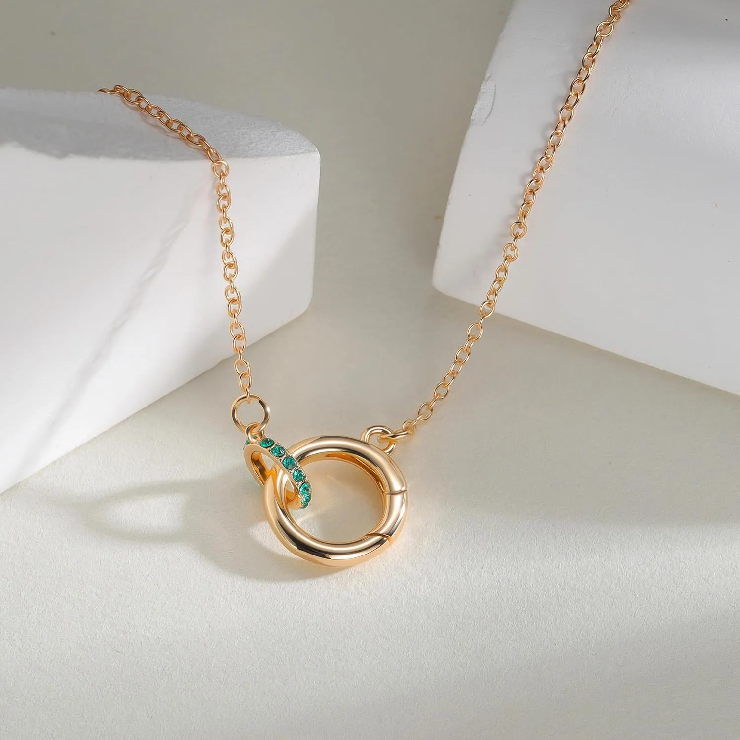 Dainty Gold Birthstone Interlocking Circle Pendant Necklaces for Women Trendy Non Tarnish 18K Gold Plated Simple Ring Charm Holder Necklace Jewelry Birthday Gifts