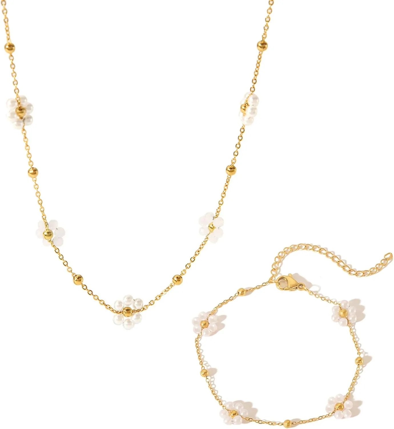 Daisy Flower Pearl Necklace Hand Link Chain Dainty Pearl Choker Necklace For Women As Flower Necklace Trendy Golden Necklaces As Summer Jewelry Daisy Gift as Bride Necklace Wedding Jewelry