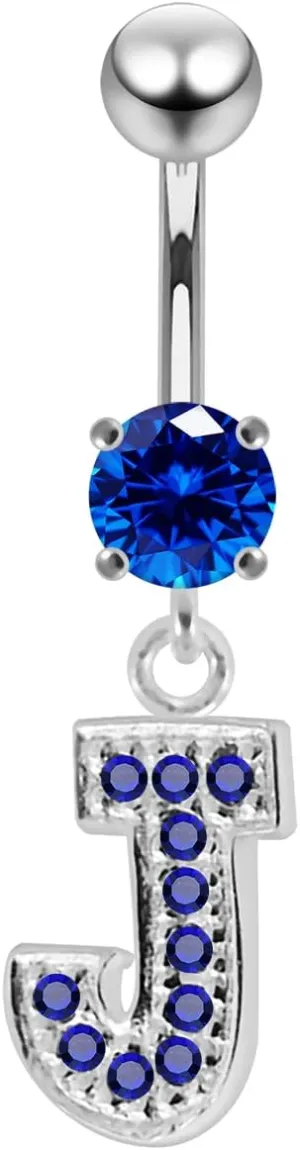 Dark Blue CZ Crystal Gemstone Stylish J Alphabet Dangling 925 Sterling Silver Belly Ring Body Jewelry