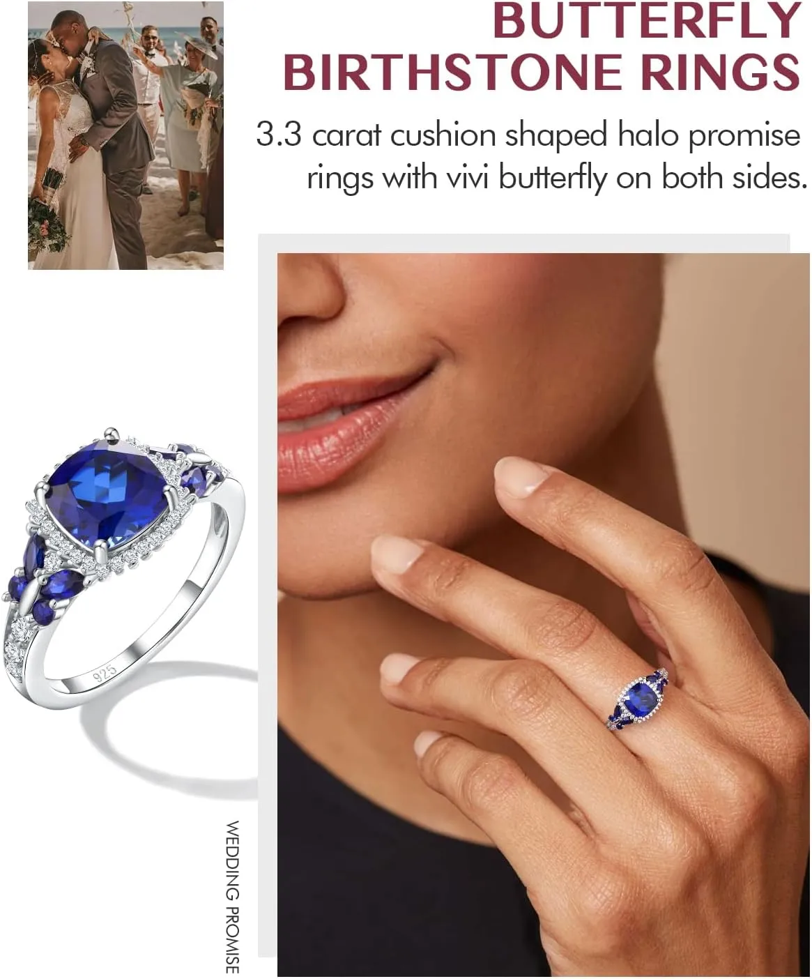 DAYBYDAY Butterfly Birthstone Rings for Women, 925 Sterling Silver Created Gemstone 5A Cubic Zirconia Cushion/Marquise Engagement Ring, 2ct Halo Promise Rings for Her Anniversary Wedding Jewerly