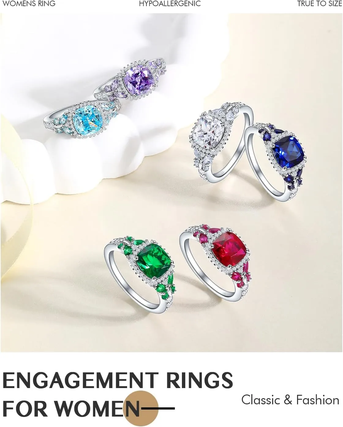 DAYBYDAY Butterfly Birthstone Rings for Women, 925 Sterling Silver Created Gemstone 5A Cubic Zirconia Cushion/Marquise Engagement Ring, 2ct Halo Promise Rings for Her Anniversary Wedding Jewerly