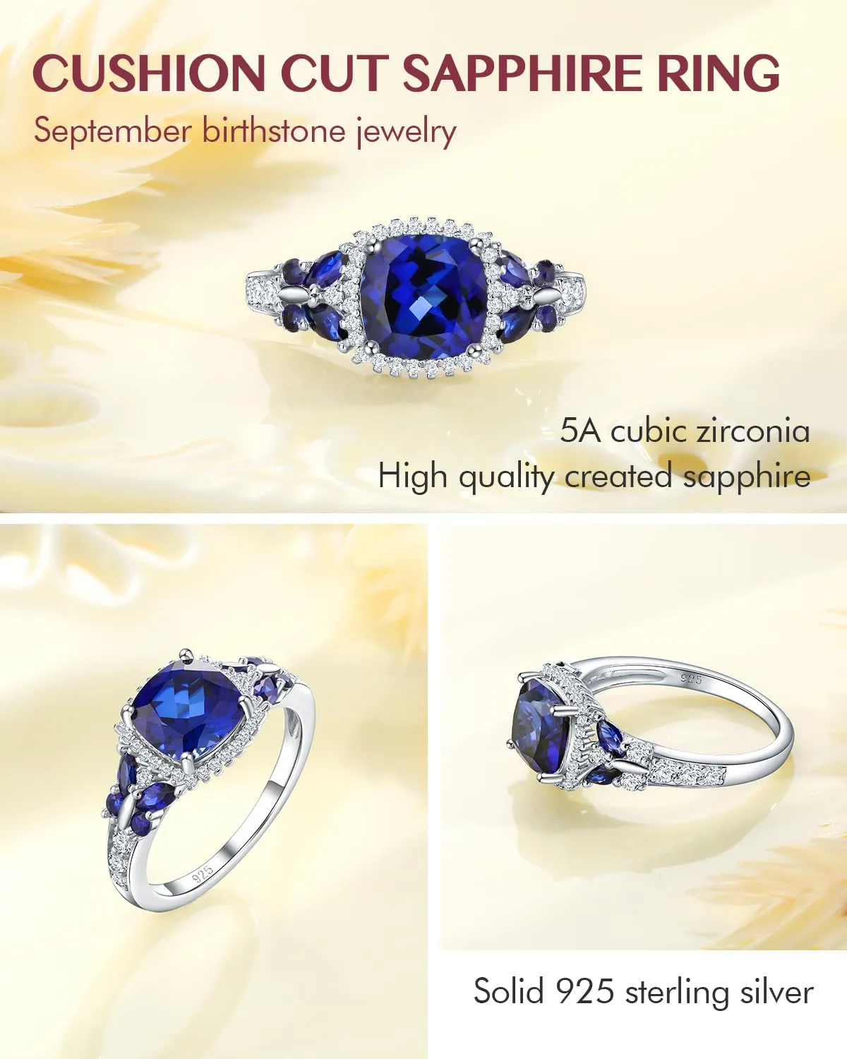 DAYBYDAY Butterfly Birthstone Rings for Women, 925 Sterling Silver Created Gemstone 5A Cubic Zirconia Cushion/Marquise Engagement Ring, 2ct Halo Promise Rings for Her Anniversary Wedding Jewerly