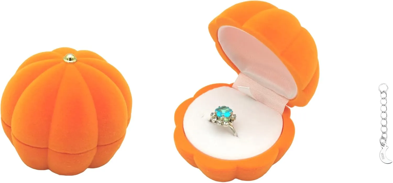 DIYOMR Cute Single Ring Box with Silver Moon DIY Small Chain, Miniature Jewelry Case Cartoon Delicate Plush Small Box For Jewelry Gift Decor Storage (Pumpkin)