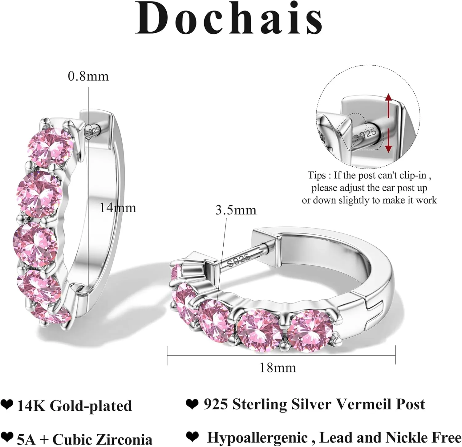 Dochais 14K Gold Plated Hoop Earrings for Women Cubic Zirconia 925 Sterling Silver Post Earring Huggie Stud Small Hoop Earrings Hypoallergenic Trendy Jewelry