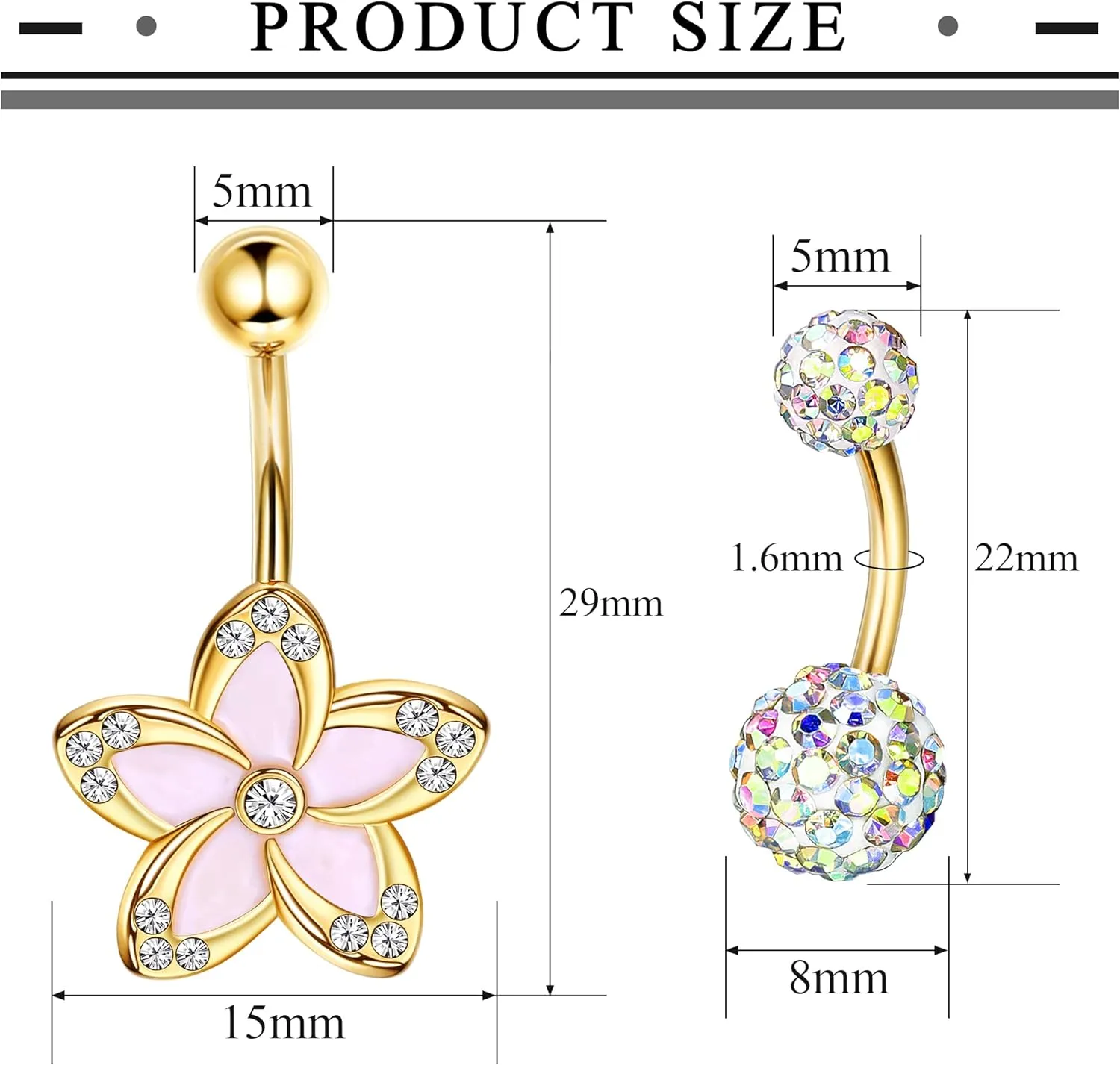 Dochais Belly Button Rings Surgical Stainless Steel Belly Rings for Women Girls Body Piercing with Gold Plated Brass Flower