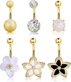 Dochais Belly Button Rings Surgical Stainless Steel Belly Rings for Women Girls Body Piercing with Gold Plated Brass Flower