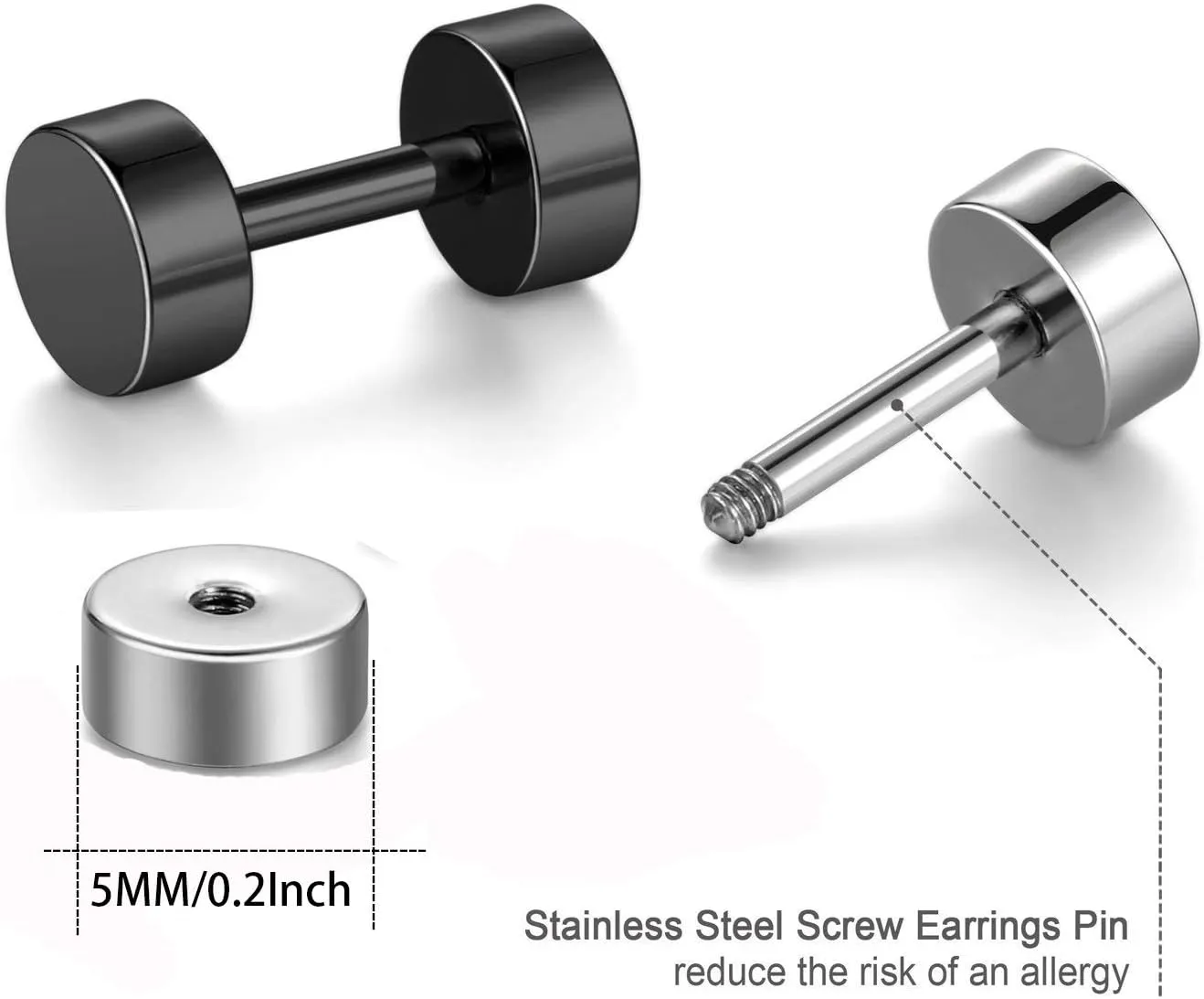 Dot Earrings, High Polished Surgical Steel Screw Flat Back Disc Stud Earrings for Women Men Pack of 5 Pairs(3MM/4MM/5MM/6MM/8MM Option)