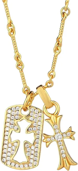 Double Cross Vintage CZ Diamond Cross Long Pendant Necklace 18k Gold Plated Choker Necklace for Women,Trendy Jewelry Gifts for Women.