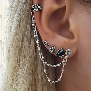 DoubleNine Earrings Sets Studs Ear Cuff Silver Chain Tribal Boho Antique Jewelry for Women Girls 4pcs