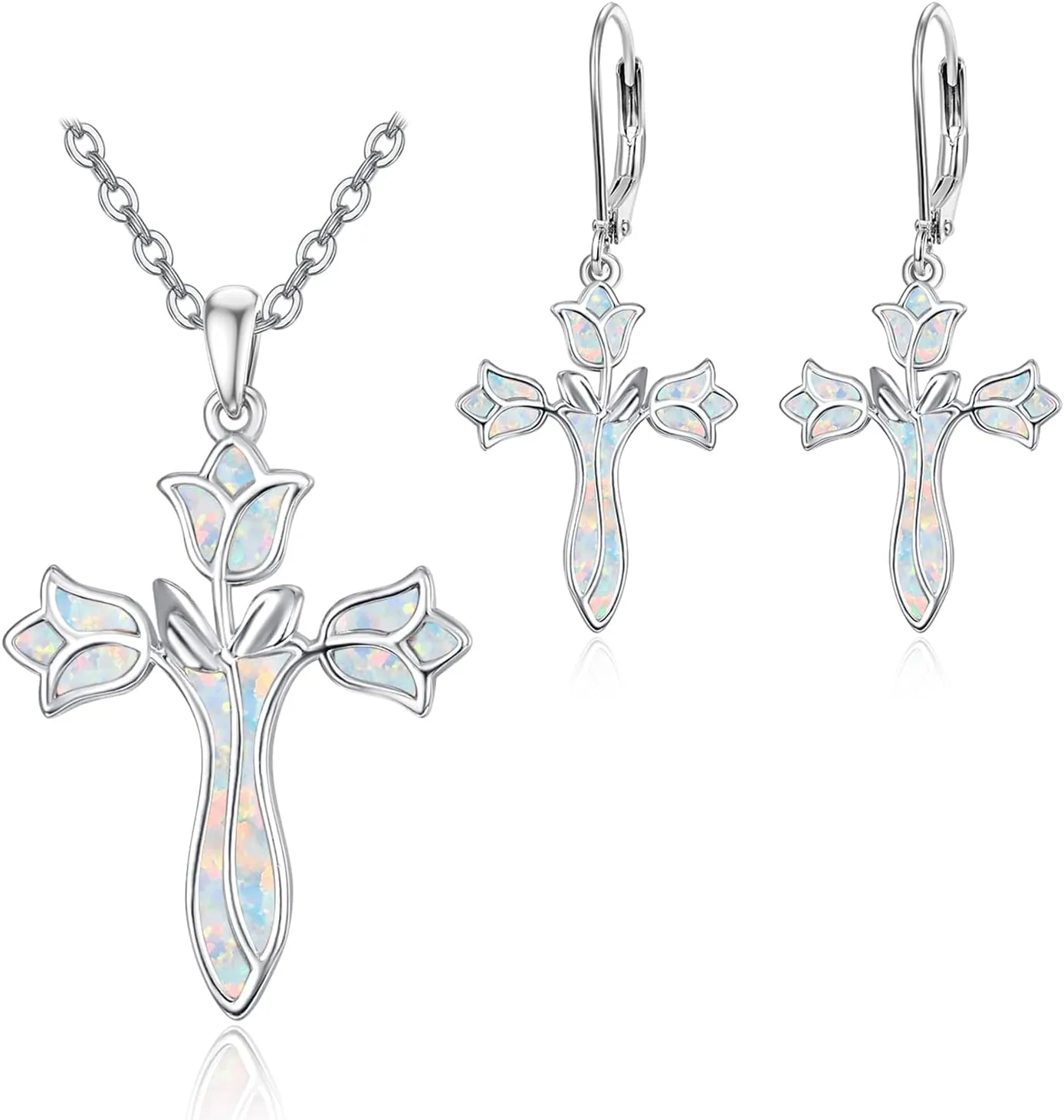 Dreamboat White Opal Cross Necklace and Cross Earrings Rose White Flower Necklace Faith Necklace for Women Sterling Silver Hypoallergenic Dangle Earrings October Birthstone Christian Gifts For Mom