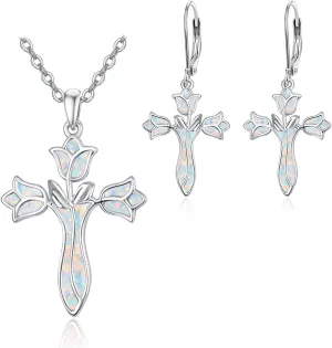 Dreamboat White Opal Cross Necklace and Cross Earrings Rose White Flower Necklace Faith Necklace for Women Sterling Silver Hypoallergenic Dangle Earrings October Birthstone Christian Gifts For Mom